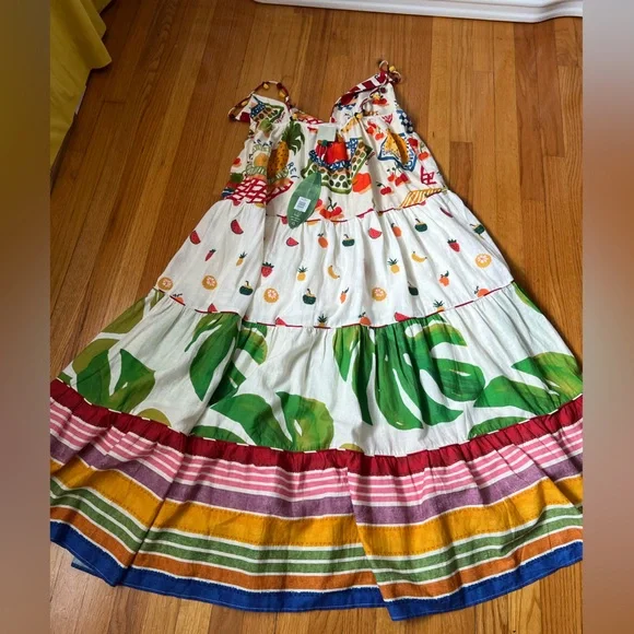 FARM Rio Mixed Picnic Tiered Maxi Dress with Fruit & Stripe Print M - Picture 10 of 11